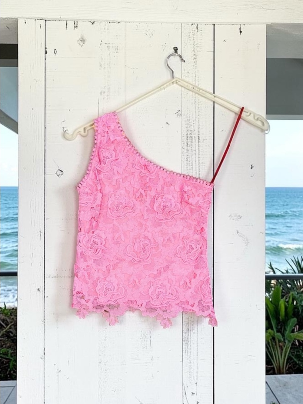 Anthropologie Eri + Ali Pink Lace Eyelet One-Shoulder Smocked Blouse M